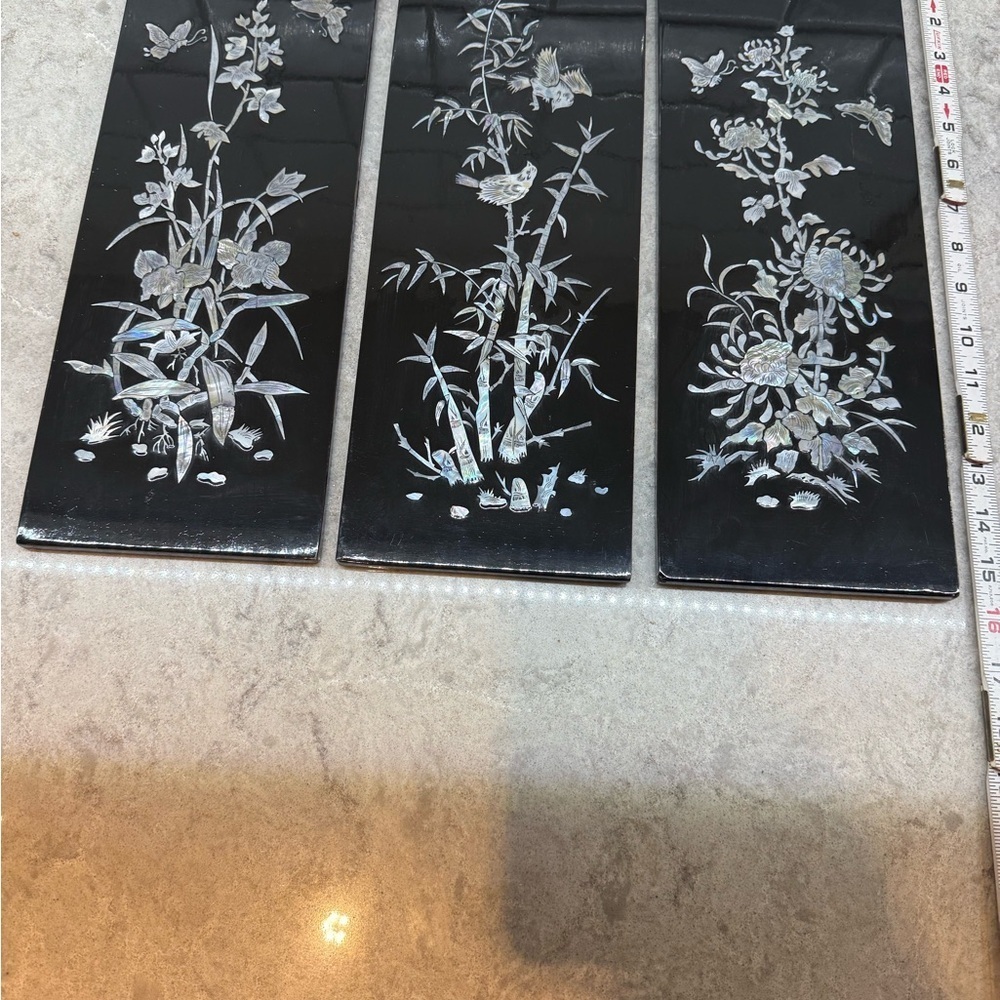 Vintage Mother of Pearl in black lacquer Floral Wall Panels. Ea 15.75in x 5.75in